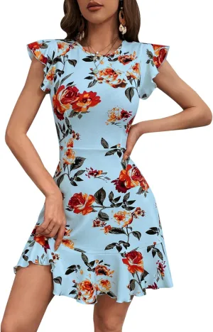 AIMCOO Women's Summer Flutter Sleeves Mini Dress Crewneck Ruffle Hem Casual Short Dresses Elegant Boho Floral A-Line Dress