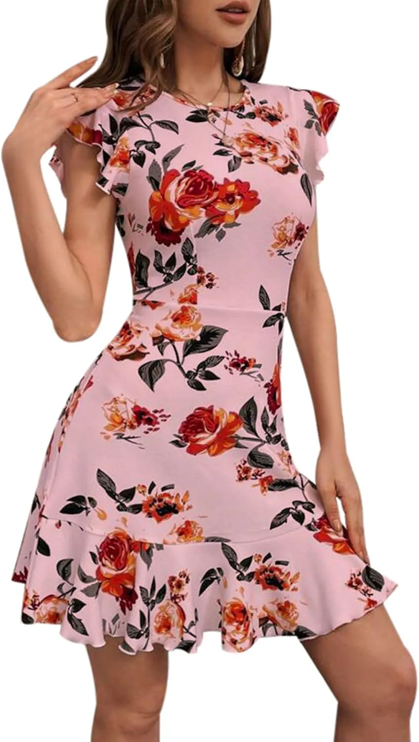 AIMCOO Women's Summer Flutter Sleeves Mini Dress Crewneck Ruffle Hem Casual Short Dresses Elegant Boho Floral A-Line Dress