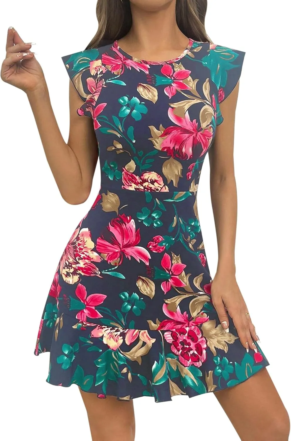 AIMCOO Women's Summer Flutter Sleeves Mini Dress Crewneck Ruffle Hem Casual Short Dresses Elegant Boho Floral A-Line Dress