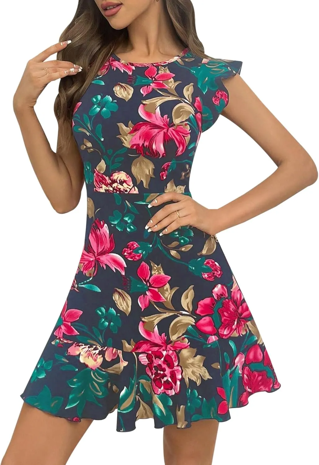 AIMCOO Women's Summer Flutter Sleeves Mini Dress Crewneck Ruffle Hem Casual Short Dresses Elegant Boho Floral A-Line Dress