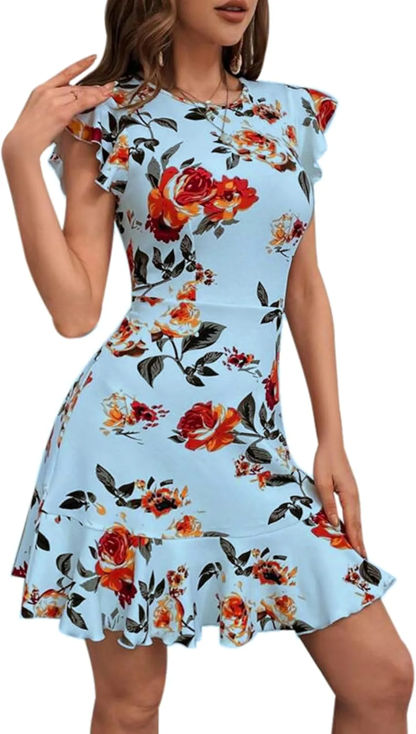 AIMCOO Women's Summer Flutter Sleeves Mini Dress Crewneck Ruffle Hem Casual Short Dresses Elegant Boho Floral A-Line Dress