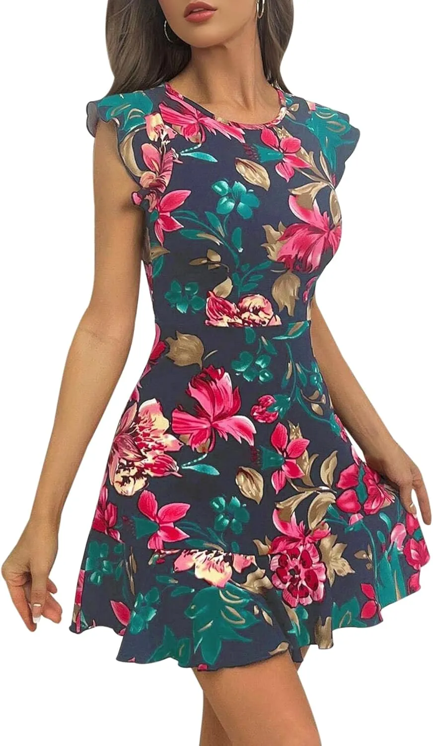 AIMCOO Women's Summer Flutter Sleeves Mini Dress Crewneck Ruffle Hem Casual Short Dresses Elegant Boho Floral A-Line Dress