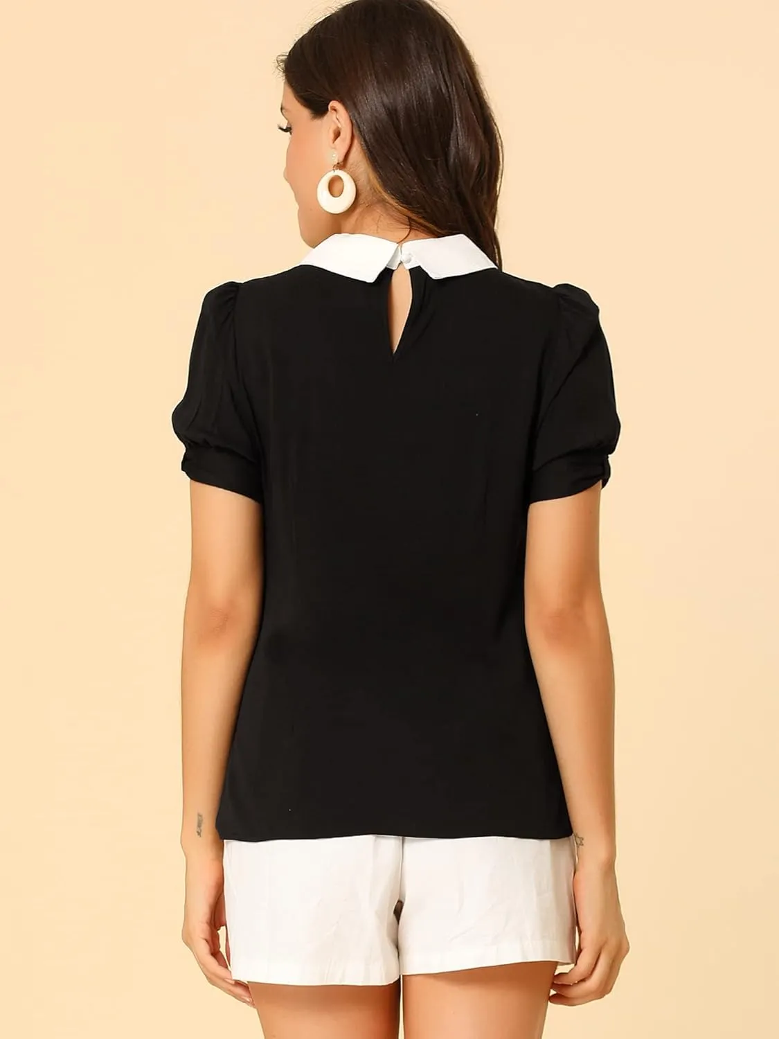 Allegra K Women's Vintage Peter Pan Collar Contrast Puff Short Sleeve Blouse Top