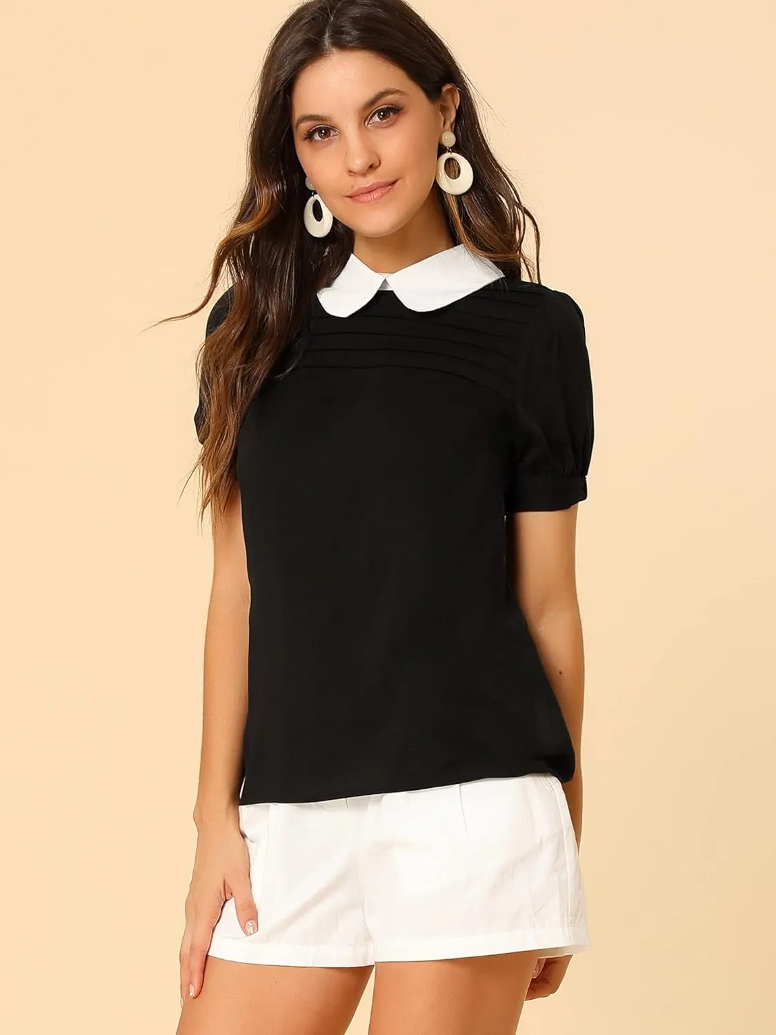 Allegra K Women's Vintage Peter Pan Collar Contrast Puff Short Sleeve Blouse Top