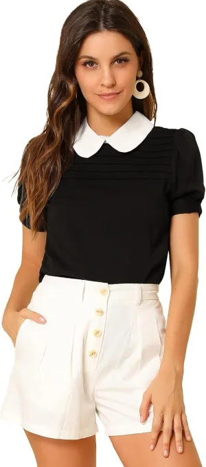Allegra K Women's Vintage Peter Pan Collar Contrast Puff Short Sleeve Blouse Top