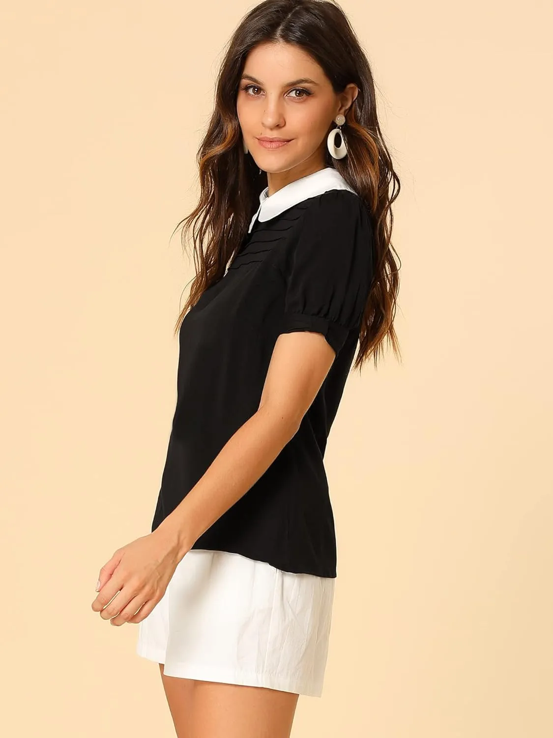 Allegra K Women's Vintage Peter Pan Collar Contrast Puff Short Sleeve Blouse Top