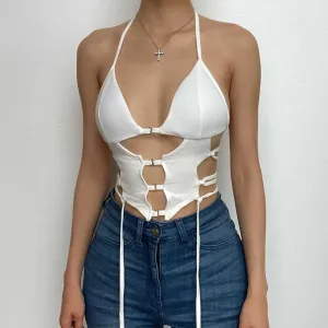 BerryBetty - Button hollow out v neck halter backless lace up crop top