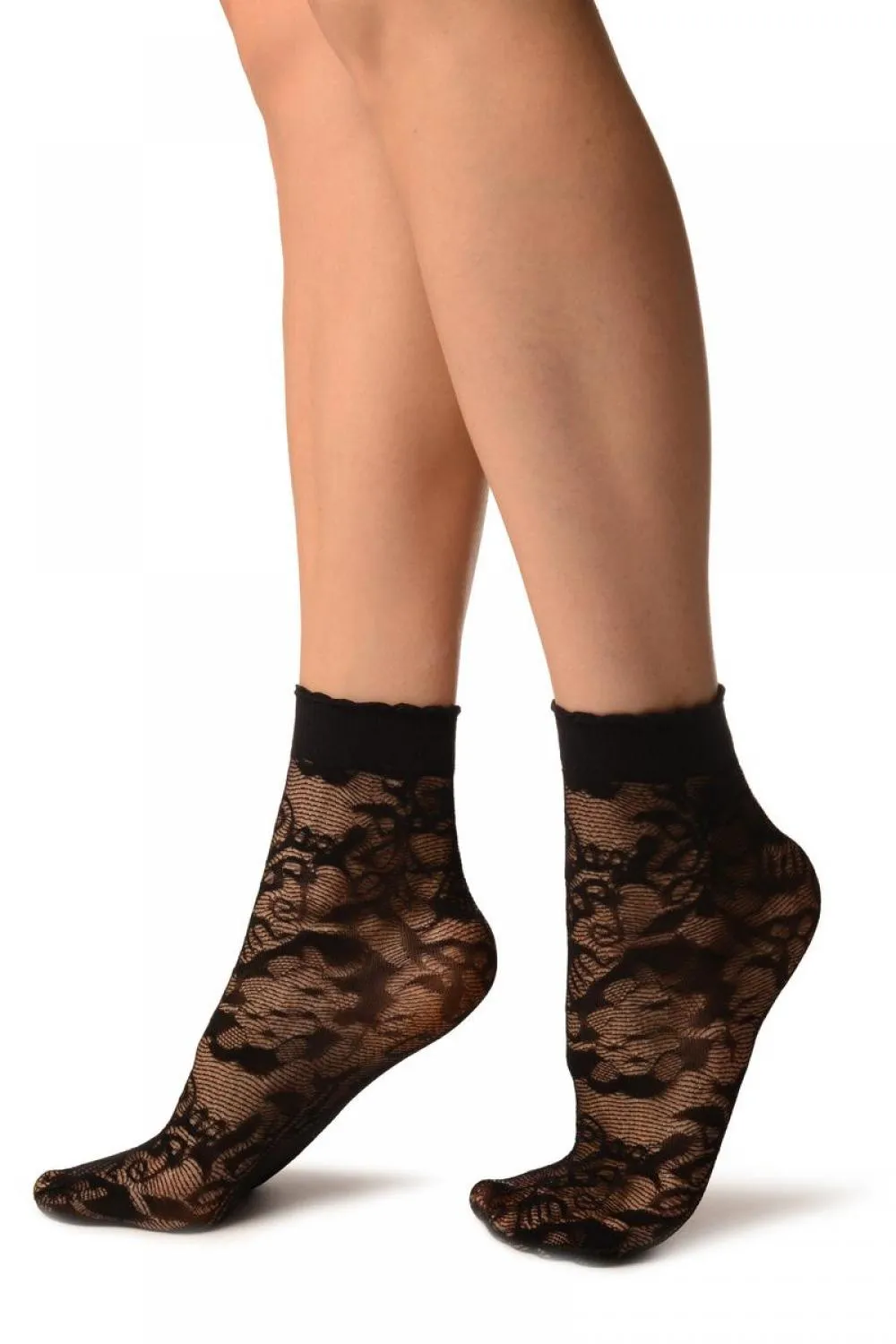 Black Mesh With Large Roses Ankle High Socks