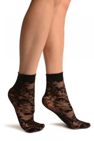 Black Mesh With Large Roses Ankle High Socks