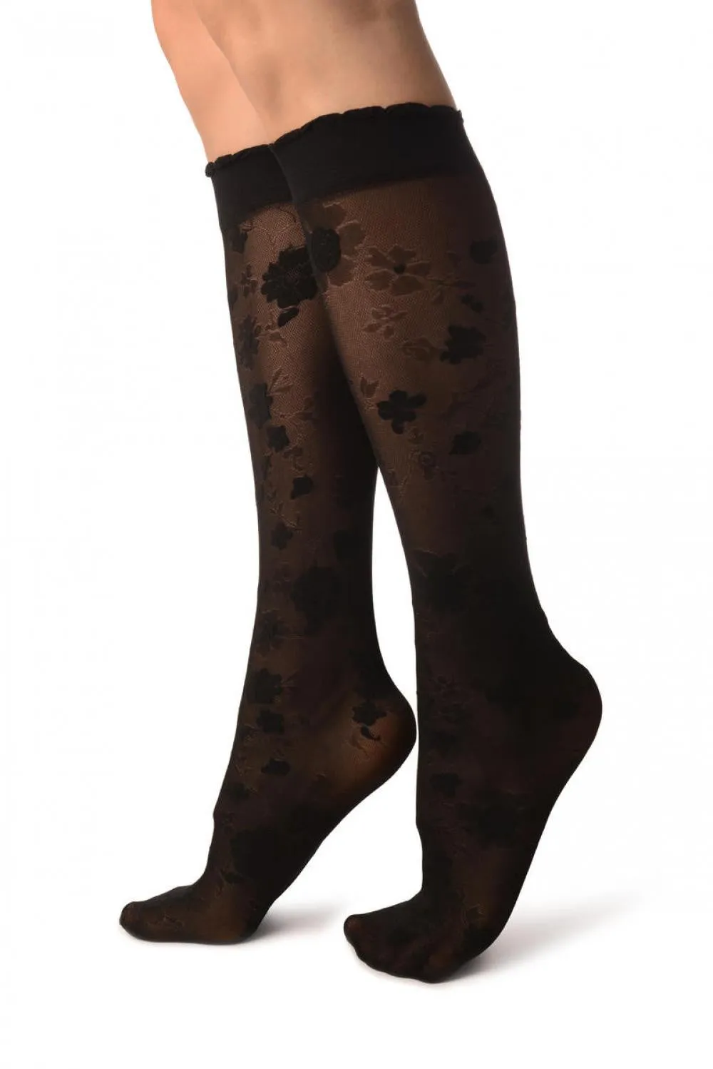Black Opaque Flowers On Micro Mesh Knee High Socks