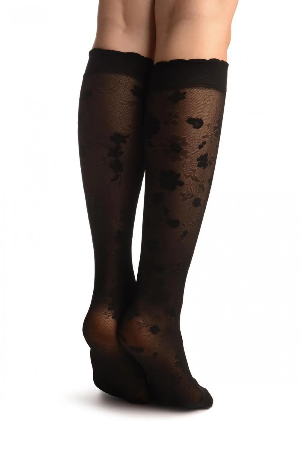 Black Opaque Flowers On Micro Mesh Knee High Socks