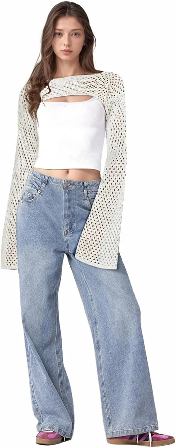 Bloggerlove Crochet Crop Tops for Women Trendy Bolero Hollow Out Shrug Sweaters Sexy Beach Cover Ups Y2K Tops S-XL