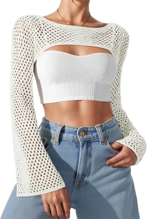 Bloggerlove Crochet Crop Tops for Women Trendy Bolero Hollow Out Shrug Sweaters Sexy Beach Cover Ups Y2K Tops S-XL
