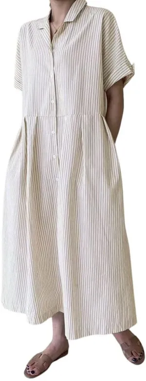 chouyatou Women's Cotton Striped Shirt Dress Button Up Short Sleeve Midi Long Shift Dress with Pockets