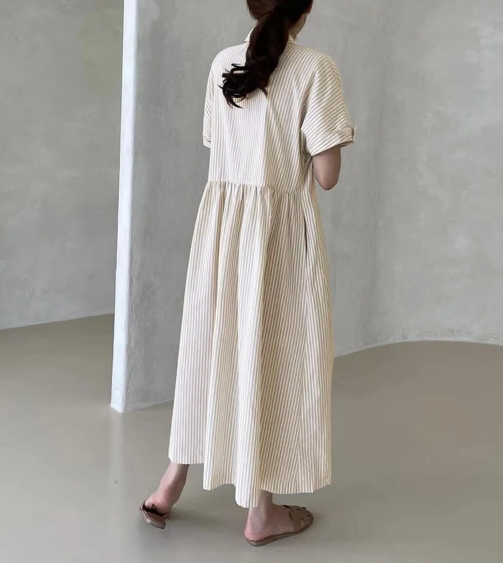 chouyatou Women's Cotton Striped Shirt Dress Button Up Short Sleeve Midi Long Shift Dress with Pockets