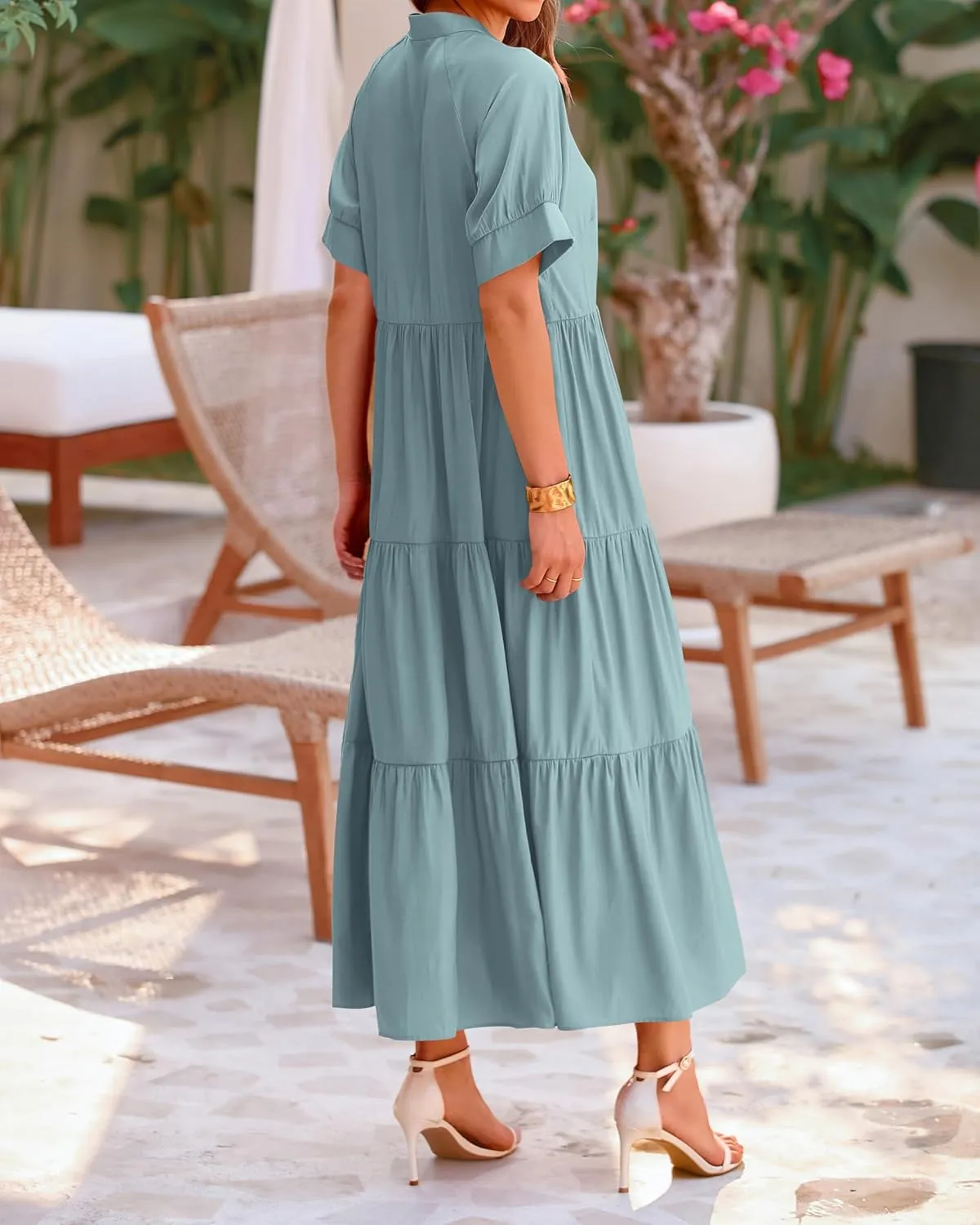 dowerme Women's Summer Dresses 2025 Casual Short Sleeve Button Loose Fit Pleated Boho Flowy Swing Long Beach Sun Dress