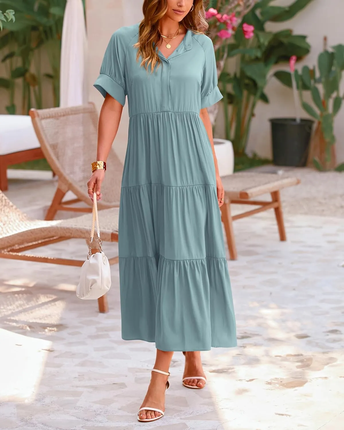 dowerme Women's Summer Dresses 2025 Casual Short Sleeve Button Loose Fit Pleated Boho Flowy Swing Long Beach Sun Dress