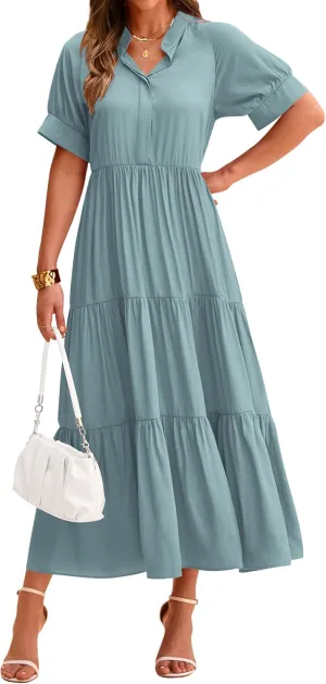 dowerme Women's Summer Dresses 2025 Casual Short Sleeve Button Loose Fit Pleated Boho Flowy Swing Long Beach Sun Dress