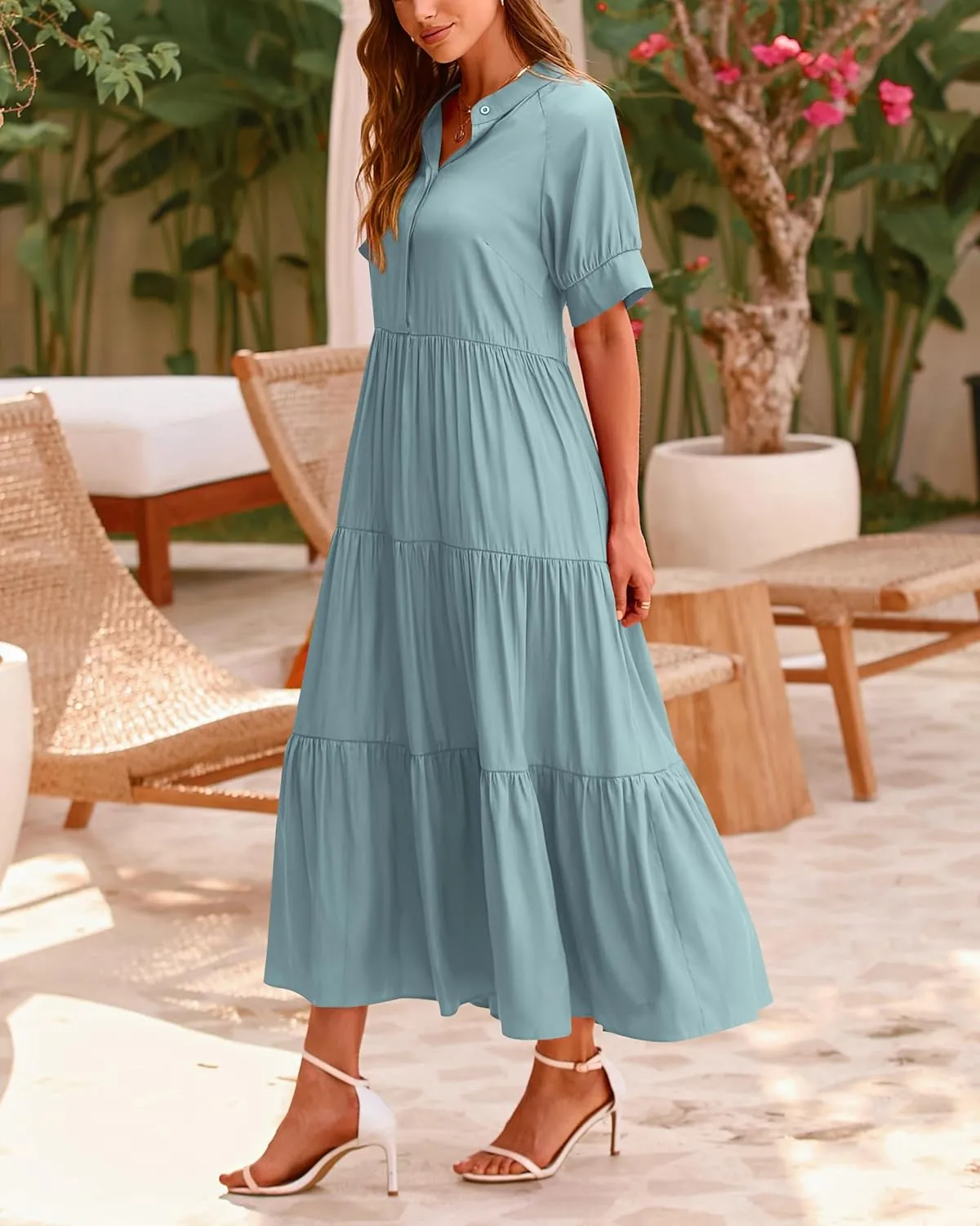 dowerme Women's Summer Dresses 2025 Casual Short Sleeve Button Loose Fit Pleated Boho Flowy Swing Long Beach Sun Dress