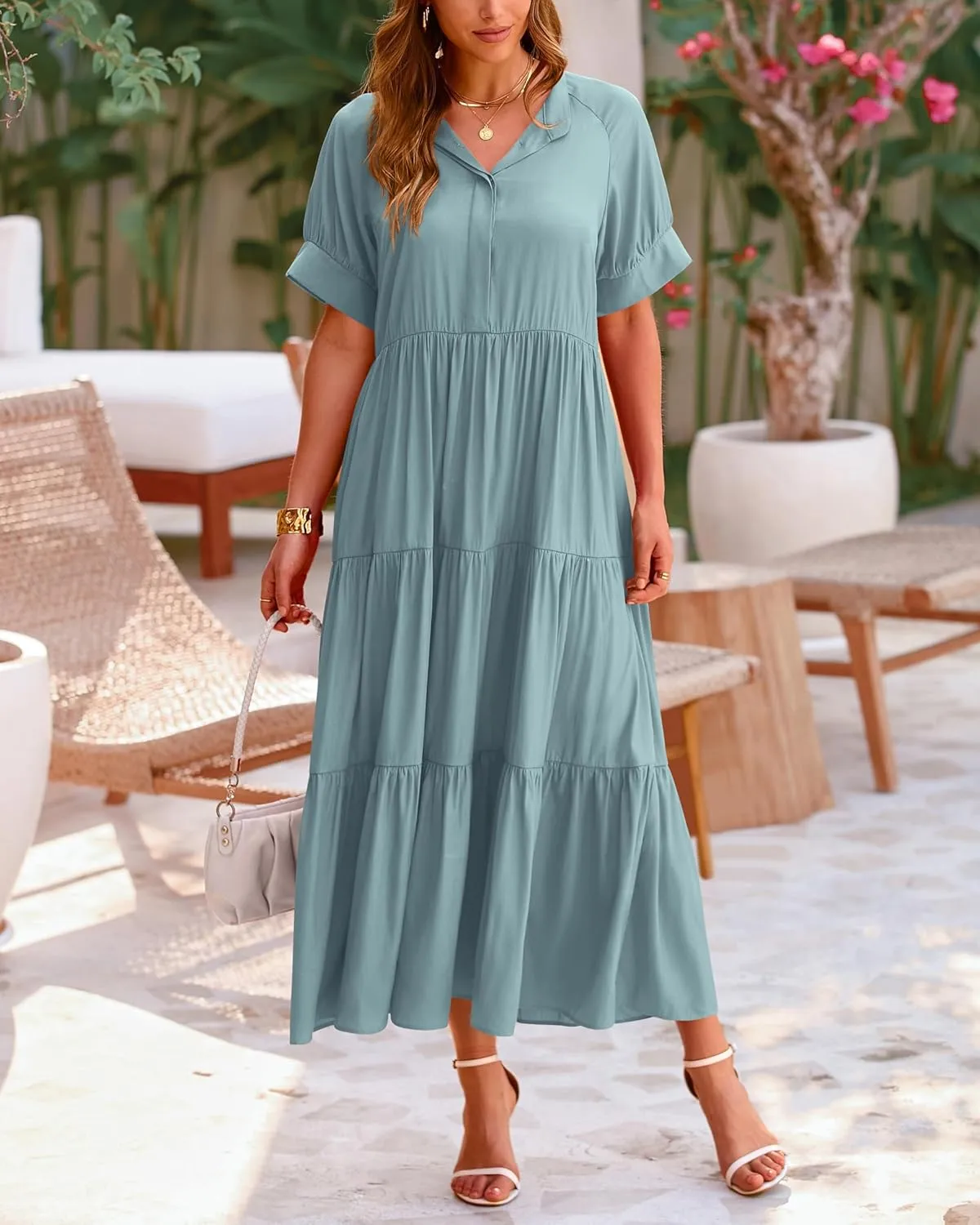 dowerme Women's Summer Dresses 2025 Casual Short Sleeve Button Loose Fit Pleated Boho Flowy Swing Long Beach Sun Dress