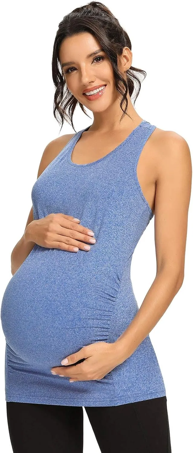 Ecavus Women's Maternity Tank Tops Seamless Racerback Sleeveless Workout Athletic Yoga Tops Pregnancy Shirt