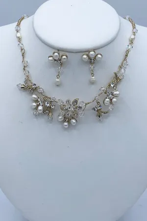 Elen Henderson Pearl Floral Leaf Crystal Necklace and Earring Set