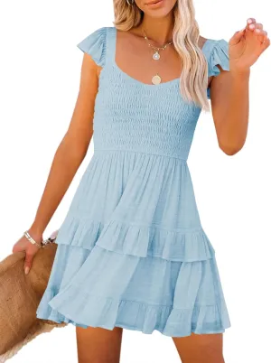 Fessceruna Womens Summer Ruffle Dresses Elastic Empire Waist A-line Layered Swing Flowy Mini Dress