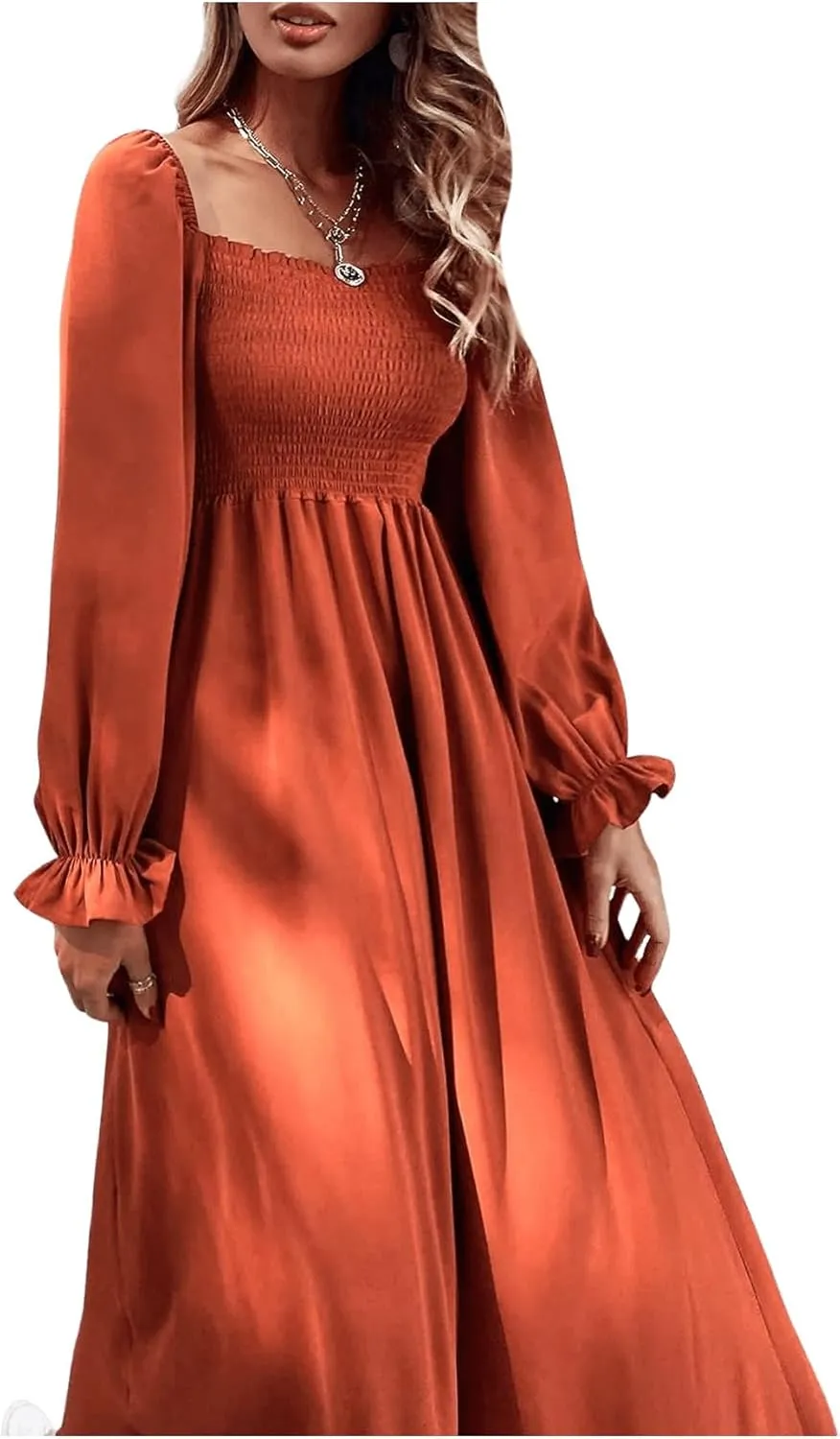 Floerns Women's Boho Square Neck Smocked Long Puff Sleeve A Line Maxi Dress