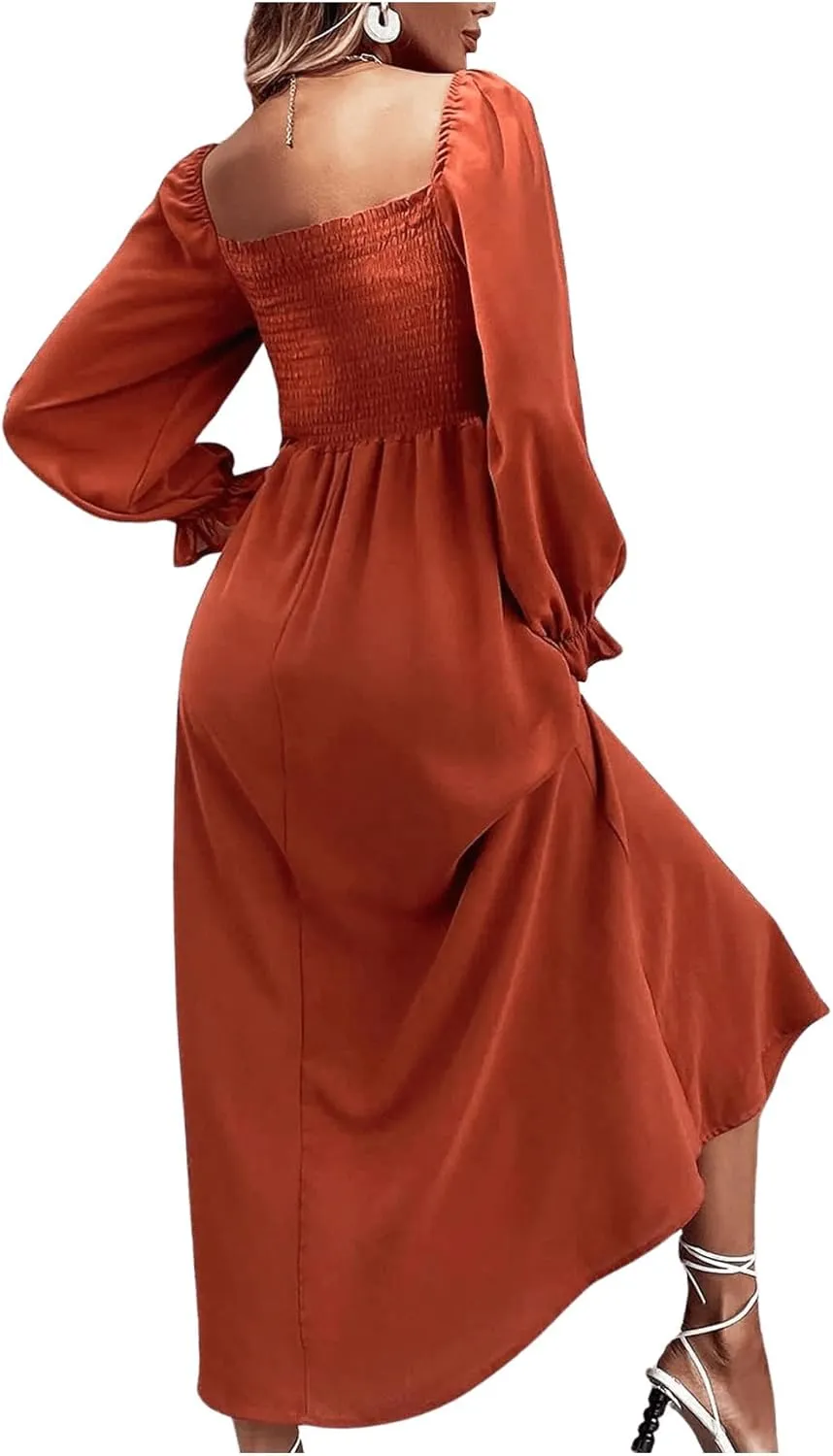 Floerns Women's Boho Square Neck Smocked Long Puff Sleeve A Line Maxi Dress
