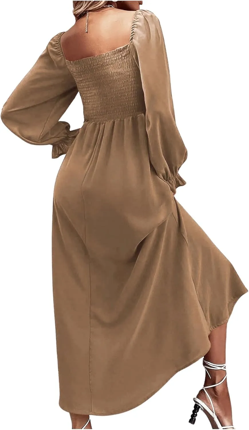 Floerns Women's Boho Square Neck Smocked Long Puff Sleeve A Line Maxi Dress