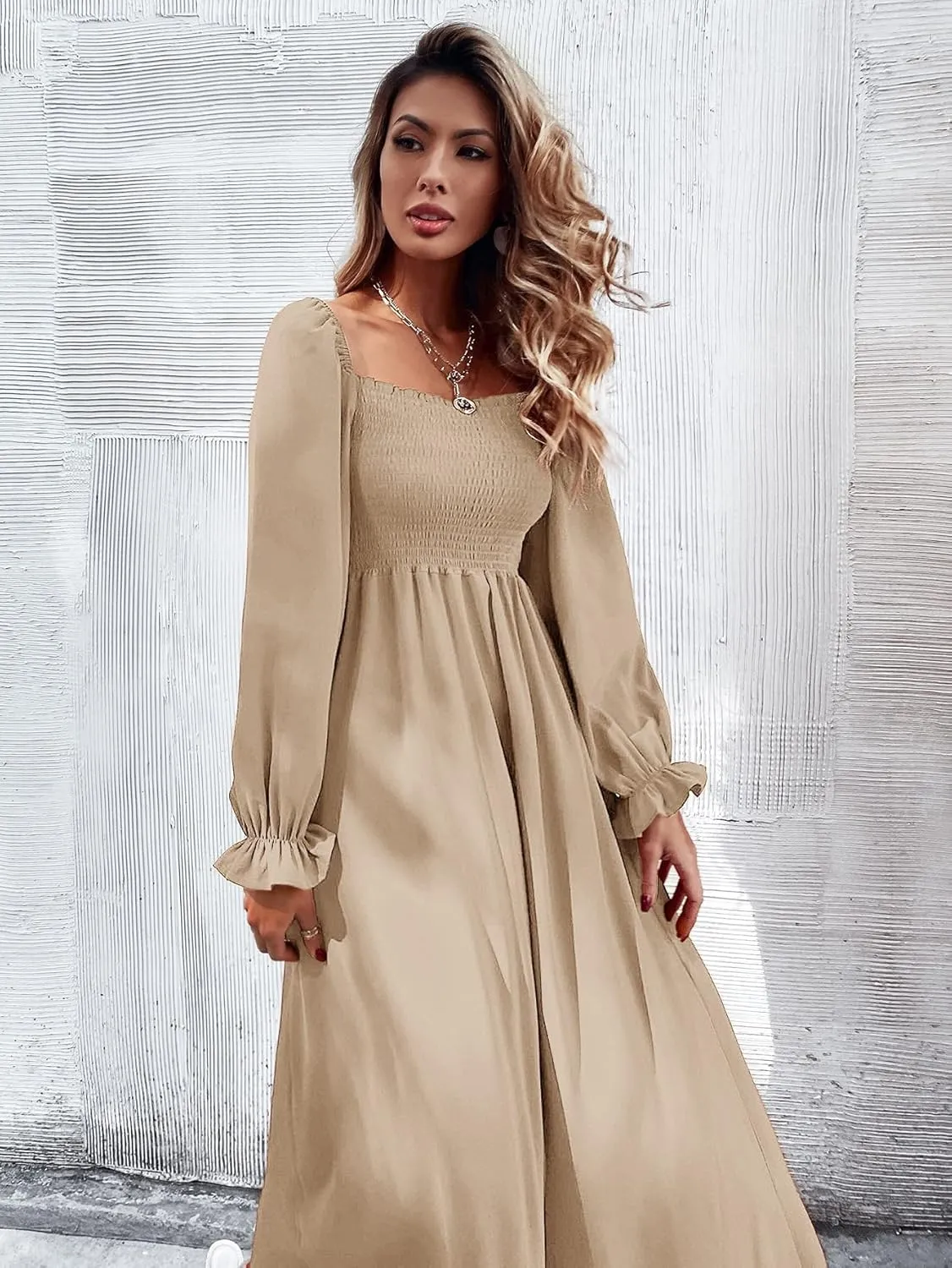 Floerns Women's Boho Square Neck Smocked Long Puff Sleeve A Line Maxi Dress