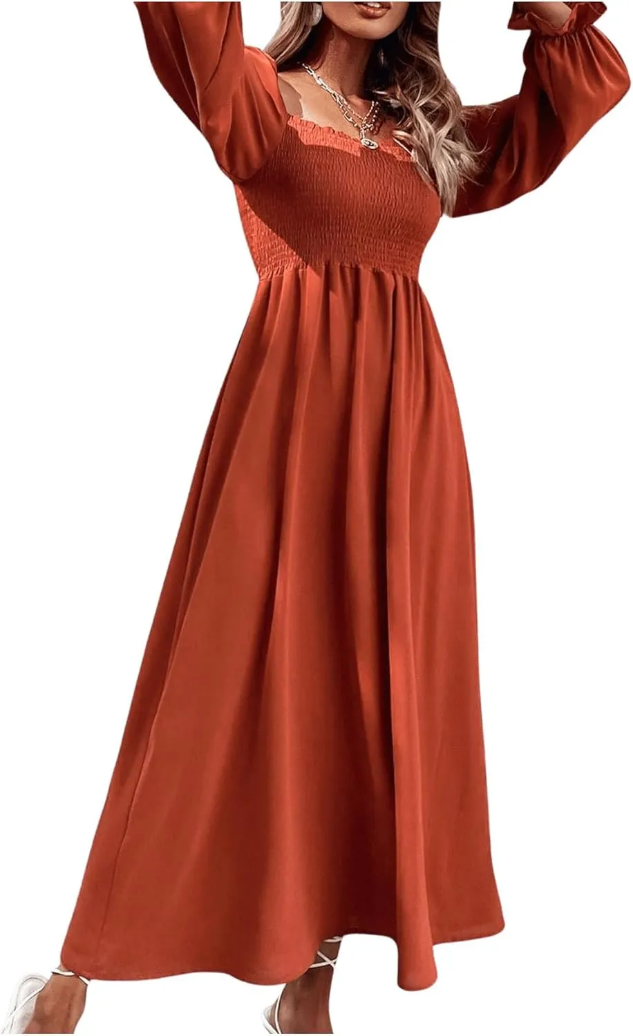 Floerns Women's Boho Square Neck Smocked Long Puff Sleeve A Line Maxi Dress