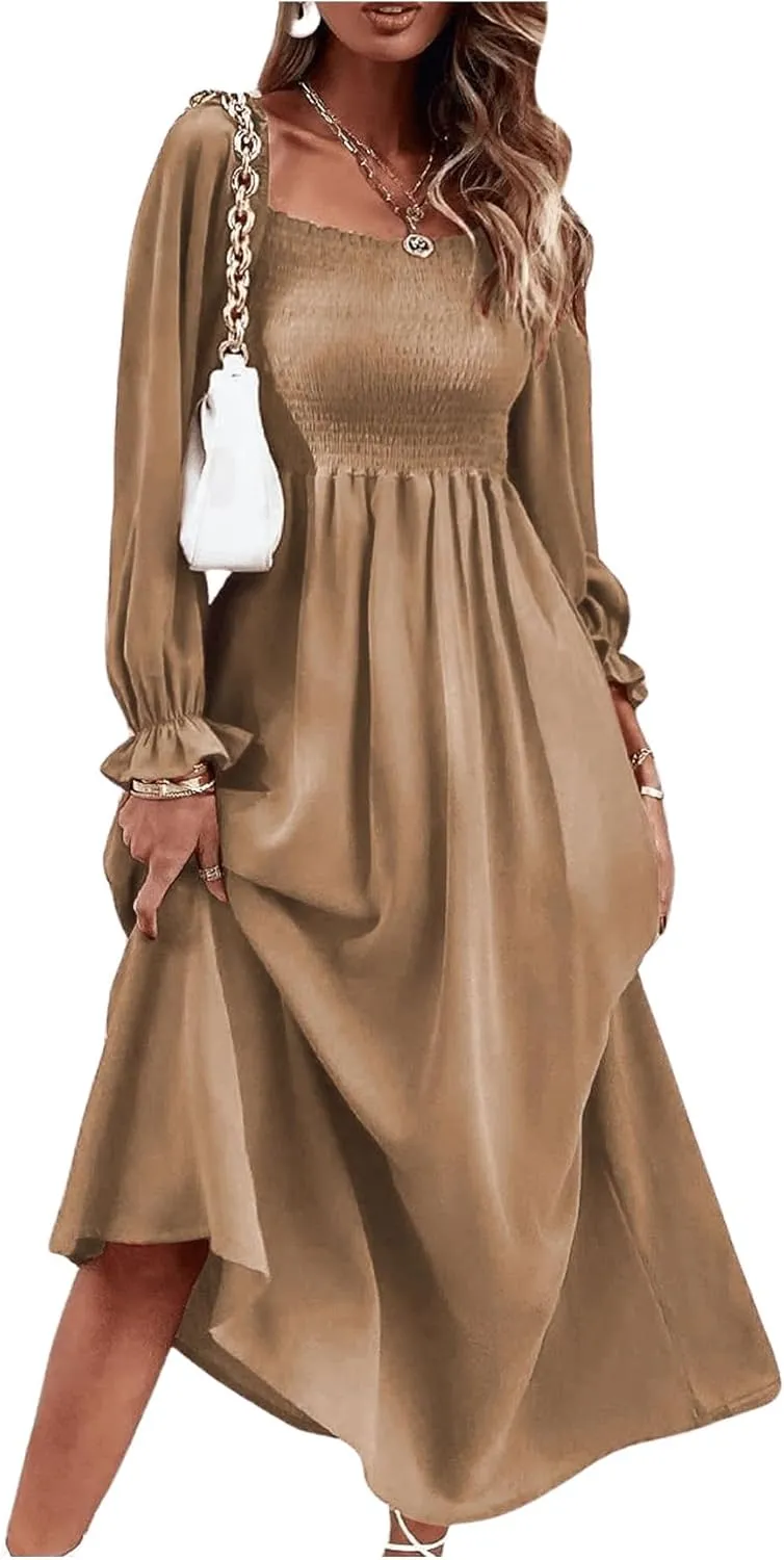 Floerns Women's Boho Square Neck Smocked Long Puff Sleeve A Line Maxi Dress