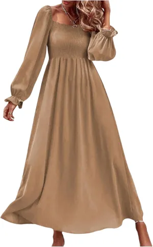 Floerns Women's Boho Square Neck Smocked Long Puff Sleeve A Line Maxi Dress