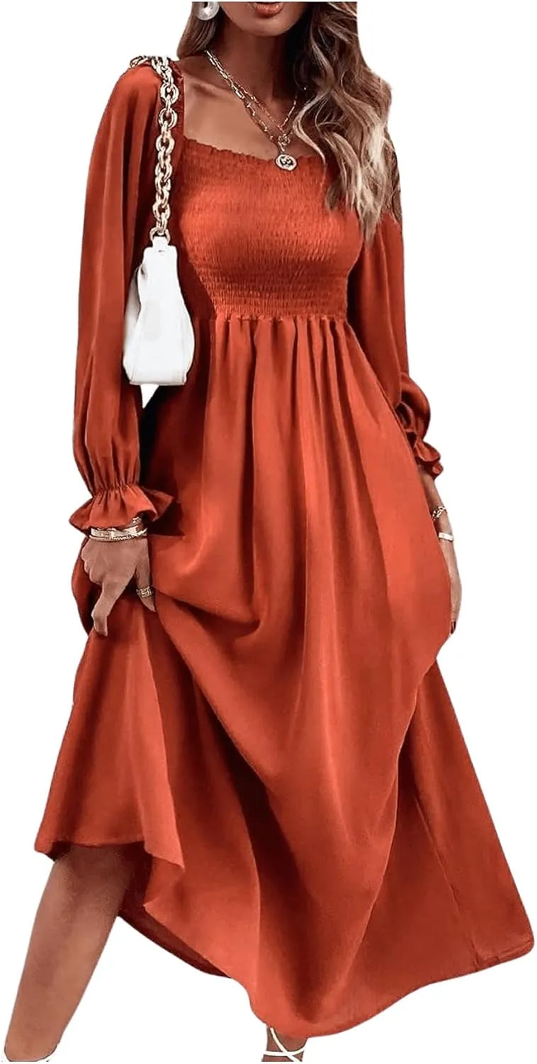 Floerns Women's Boho Square Neck Smocked Long Puff Sleeve A Line Maxi Dress