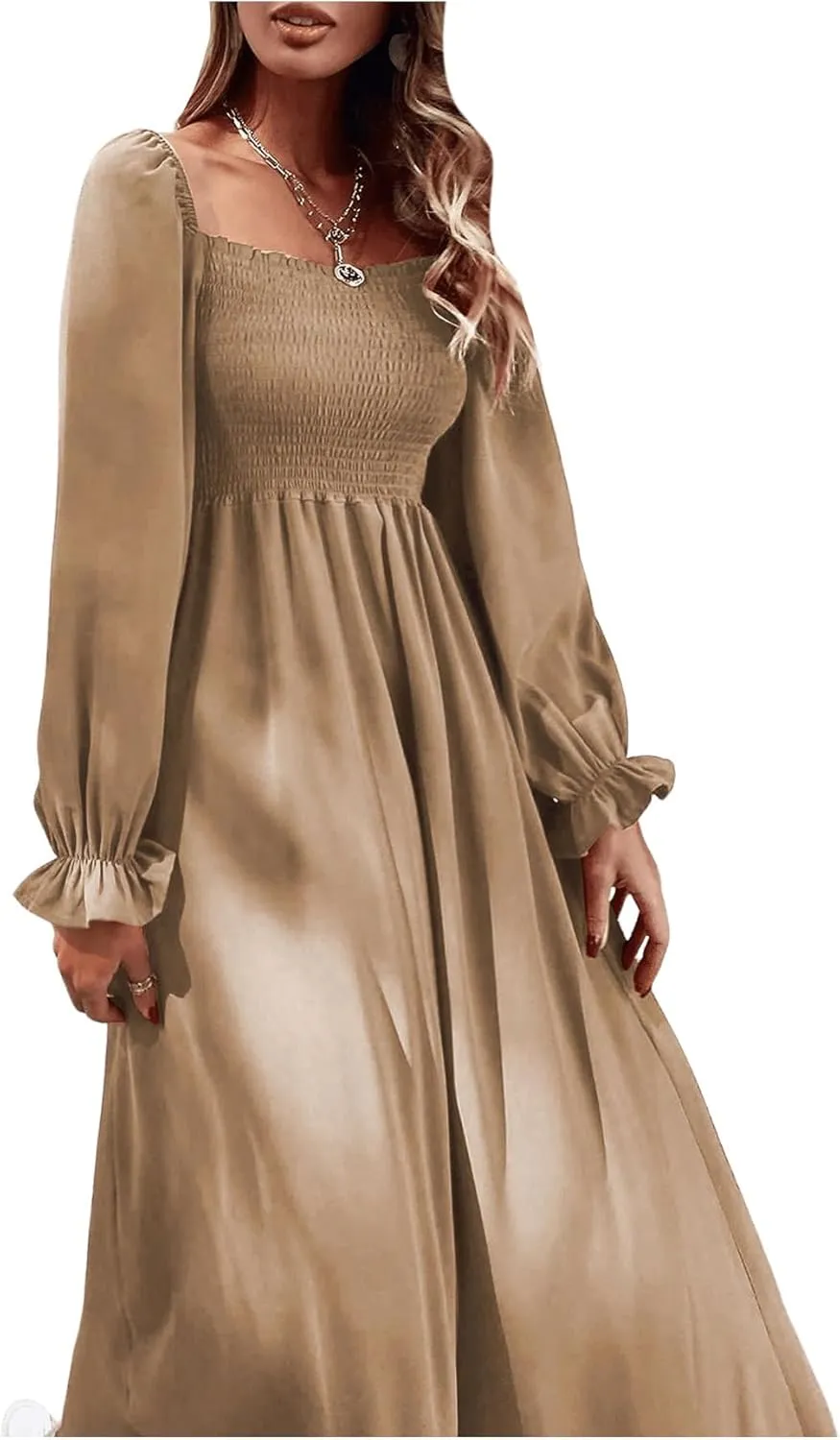 Floerns Women's Boho Square Neck Smocked Long Puff Sleeve A Line Maxi Dress