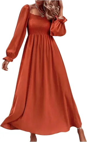 Floerns Women's Boho Square Neck Smocked Long Puff Sleeve A Line Maxi Dress