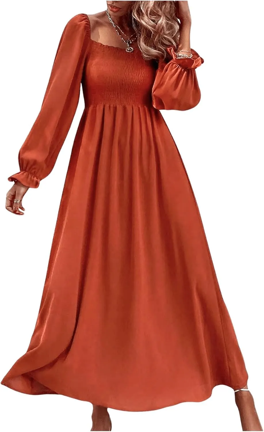 Floerns Women's Boho Square Neck Smocked Long Puff Sleeve A Line Maxi Dress