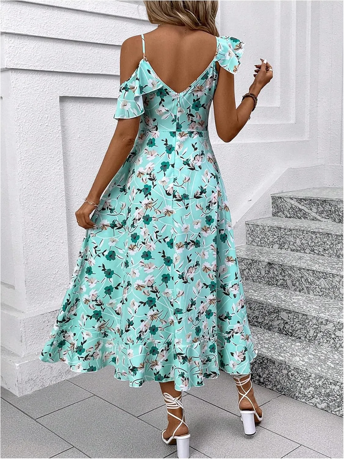 Floerns Women's Floral Ruffle Sleeve Midi Dress Asymmetrical Hem Boho A Line Dresses