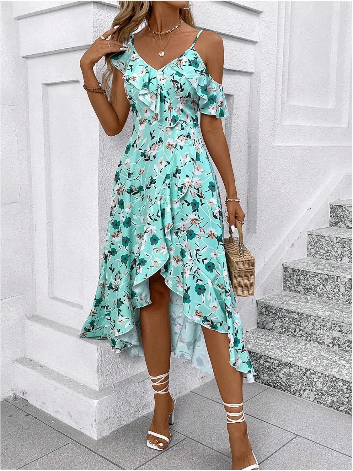 Floerns Women's Floral Ruffle Sleeve Midi Dress Asymmetrical Hem Boho A Line Dresses