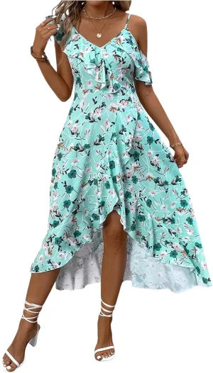 Floerns Women's Floral Ruffle Sleeve Midi Dress Asymmetrical Hem Boho A Line Dresses