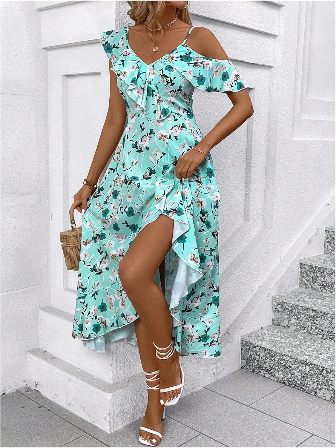 Floerns Women's Floral Ruffle Sleeve Midi Dress Asymmetrical Hem Boho A Line Dresses