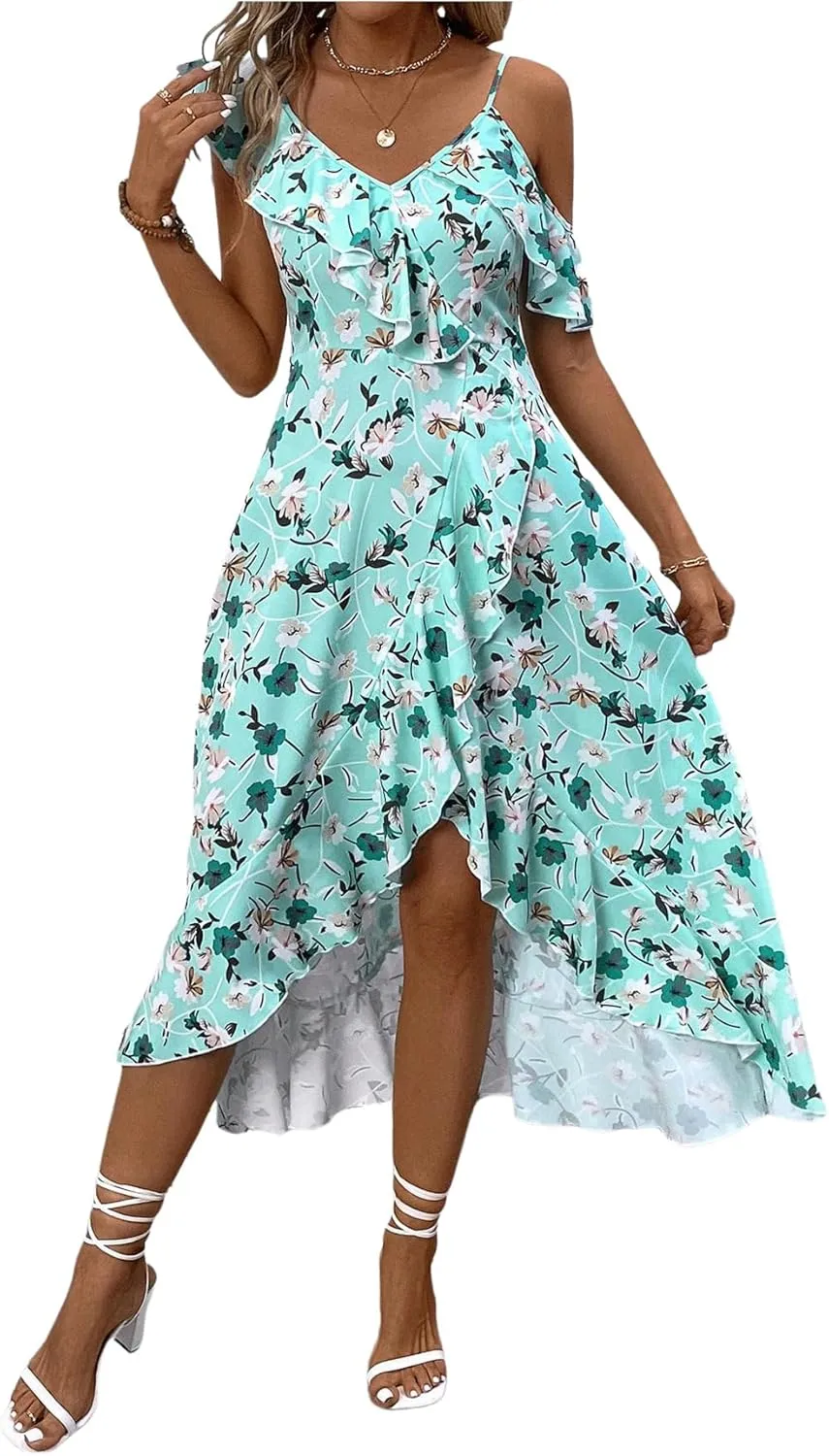 Floerns Women's Floral Ruffle Sleeve Midi Dress Asymmetrical Hem Boho A Line Dresses