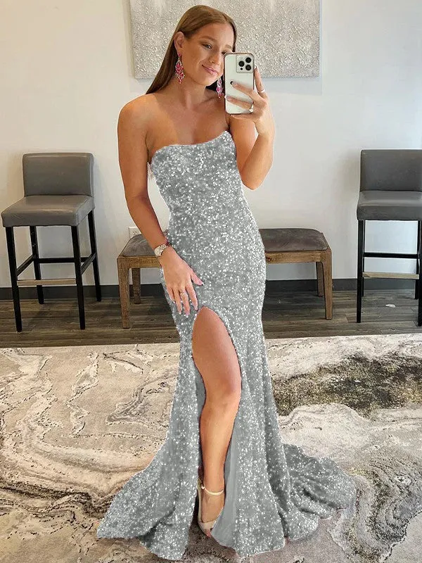 Fuchsia Sheath Strapless Sleeveless Long Sweep Train Velvet Sequin Prom Dress (AF1012)