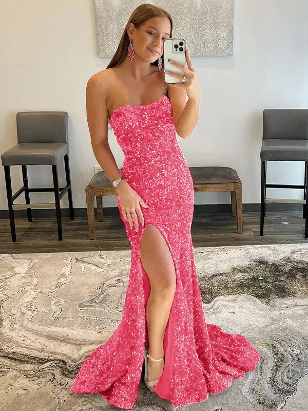 Fuchsia Sheath Strapless Sleeveless Long Sweep Train Velvet Sequin Prom Dress (AF1012)