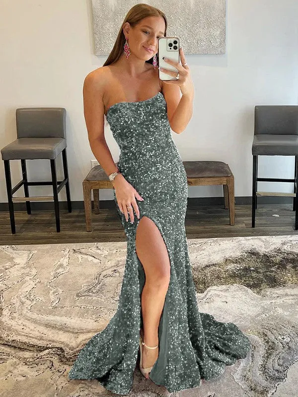 Fuchsia Sheath Strapless Sleeveless Long Sweep Train Velvet Sequin Prom Dress (AF1012)