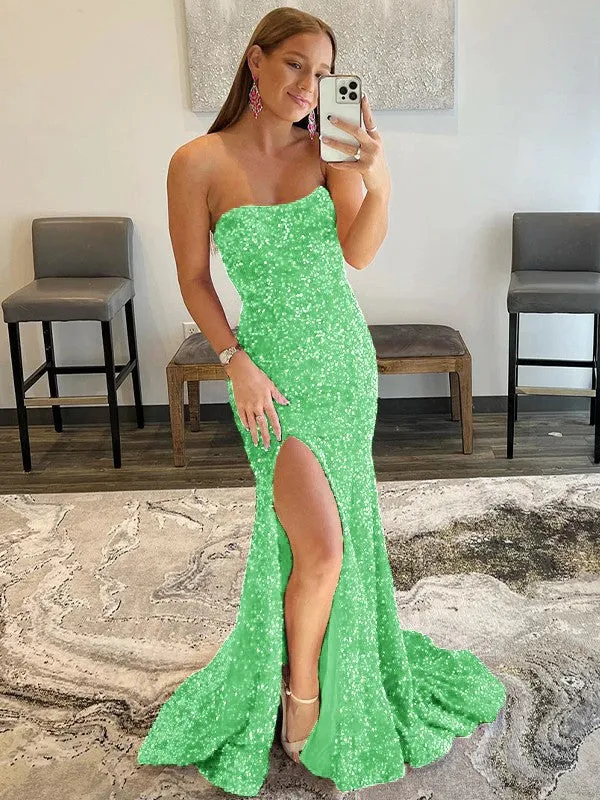 Fuchsia Sheath Strapless Sleeveless Long Sweep Train Velvet Sequin Prom Dress (AF1012)