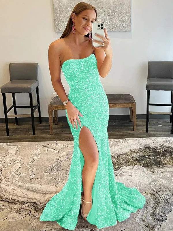 Fuchsia Sheath Strapless Sleeveless Long Sweep Train Velvet Sequin Prom Dress (AF1012)