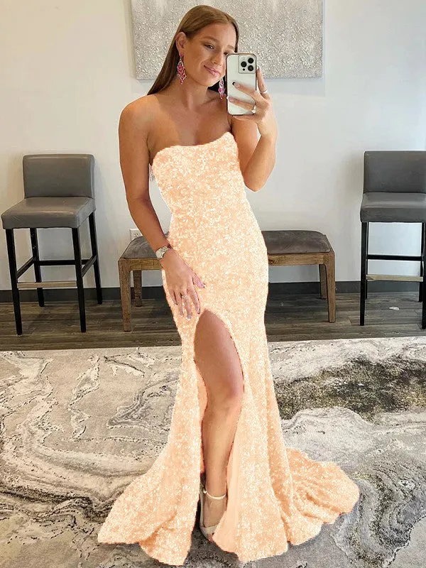 Fuchsia Sheath Strapless Sleeveless Long Sweep Train Velvet Sequin Prom Dress (AF1012)