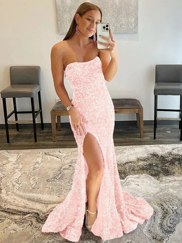 Fuchsia Sheath Strapless Sleeveless Long Sweep Train Velvet Sequin Prom Dress (AF1012)
